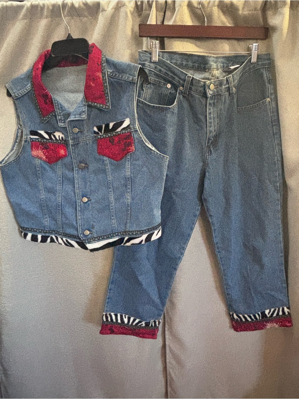 WATCH L.A. Women's Blue Denim Vest and Jeans Set with Red & Zebra Trim